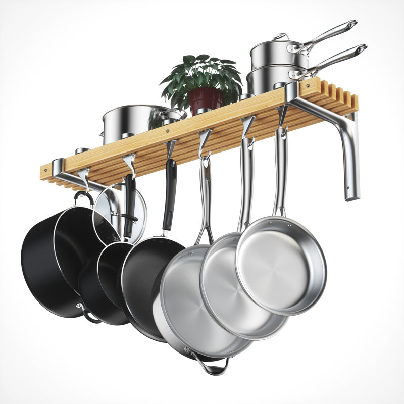 Rebrilliant Cooks Standard 36 inch Wall Mounted Wooden Pot Rack Movable Tracks Type Pan Rack Reviews Wayfair